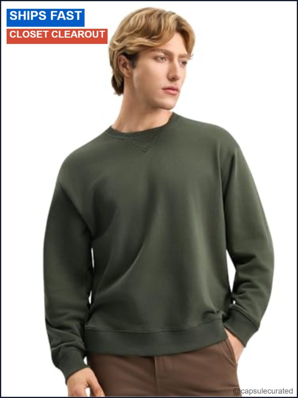 Cotton Blend French Terry V-Stitch Neck Sweatshirt Pullover